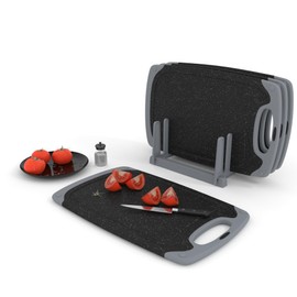 KPYTO Breakfast Board Set of 4 with Stand, 32 x 20 cm, Dishwasher Safe on Both Sides, Non-Slip with Juice Groove and Handle, Chopping Board Set, Plastic, Small, Black