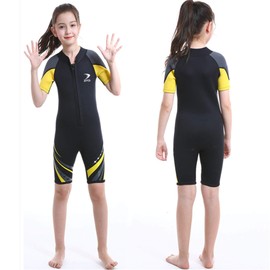 ZCCO Kids Wetsuit 2.5mm Neoprene Short Sleeve, Youth Boy's and Girl's One Piece Shorty Wetsuit for Diving,Swimming,Surfing (Yellow Black, 2XS) …
