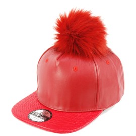 Pom Pom Baseball Cap/Fuax Leather (RED)
