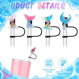 Ziliny 12 Pcs Summer Tail Mermaid Straw Covers Summer Silicone Straws Tips Cover Protector Straw Toppers for Tumblers Cap Dustproof Reusable Tip Lids for 1/4-1/3 in Drinking Cup Accessories