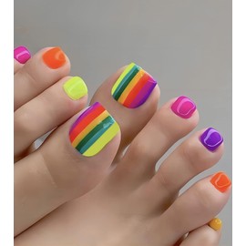 Aegenacess 28pcs Toenail Press on Summer Fake Toe Nails Press ons False Nail Tips Beach Short Pedicure Kit for Women (Rainbow Mixed Stripes)