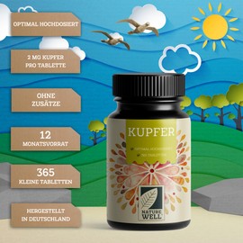 Kupfer Tabletten 365x mit 2 mg Kupfer aus hochwertigem Kupfer-Bisglycinat - optimal hochdosiert - frei von unerwünschten Zusatzstoffen – laborgeprüft mit Zertifikat - Jahresvorrat - 100% vegan