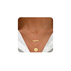 Modernplus Layered Gold Necklaces for Women, 3 Layer Necklace Double Circle Coin Pendant Chain Necklace Dainty Layering Choker Necklaces