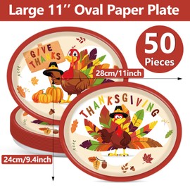 Qyeahkj 50 PCS Thanksgiving Oval Paper Plates Large 11” Disposable Turkey Party Decorations Fall Autumn Supplies Favor for Harvest Dinner Home Kitchen Serving Dish Party Tableware Set