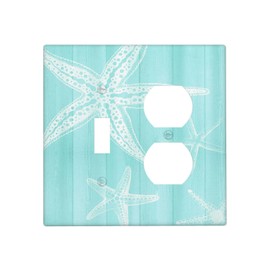 BHGAHD Decorative Outlet Covers Vintage Blue Wood Starfish Nautical 2 Gang Outlet Cover Wall Plate Single Toggle Duplex Light Switch Cover Plate Switch Plate Covers for Bedroom Home Decor