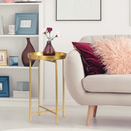 Adeco Round End Table Metal Folding Side Table Small Bedside Table Nightstand with Removable Tray Top for Living Room Bedroom Office (Gold)