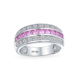 Art Deco Pink Blue Clear Aaa Cubic Zirconia Half Eternity Channel Set Princess Cut CZ Dome 3 Row Wide Statement Wedding Band Ring for Women .925 Sterling Silver Comfort Fit 8 mm, stone, Cubic Zirconia