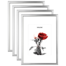 KINLINK A4 Picture Frames Silver, Photo Frames with Plexiglass for Picture 6x8 with Mat or A4 without Mat, Composite Wood Picture Frames for Table Top and Wall Mounting - Set of 4