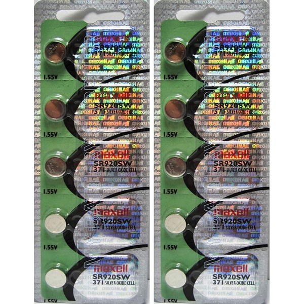 10 Maxell SR920SW Watch Battery Button Cell 371 - 2 Packs of 5 Batteries "New hologram packaging"