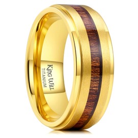 King Will Men's Titanium Wedding Band-8mm Golden Matte Brushed Finish with Koa Wood Inlay, Durable Wooden Wedding Ring Comfort Fit Size 11
