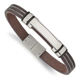 Auriga Fine Jewelry Stainless Steel Polished Brown Leather with Black Rubber ID Bracelet 8.25"