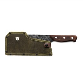 TRUE PrimalForge Cleaver Knife | Cutting Meat, Chopping Fruits & Vegetables, Home & Professional Knife, Rugged Stonewash Finish, Sharp 5Cr15MoV Stainless-Steel, Wood Handle, Hand Forged Appearance