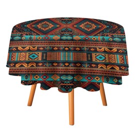 Aztec Geometric Round Tablecloth, American Southwest Ethnic Native Style Table Cover Bohemian Elements Farmhouse Tabletop Water Resistant Tablecloths for Kitchen Dinning Table 50"