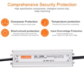 LuckWebs LED Driver 12V 150W Waterproof Switching Power Supply AC90-130V to DC 12V12.5A Low-Voltage Transformer IP67 Converter Suitable for Indoor Outdoor LED Strip Lights and 12V DC Devices