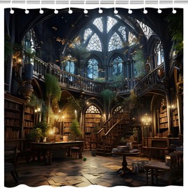 Gothic Library Shower Curtain Retro Room for Study in The Medieval Library Bookself Window Antique Mansion Stairway Green Plant European Castle Architecture Bathroom Decor Fabric Curtain with Hooks
