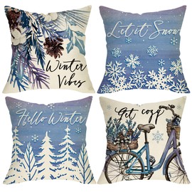 Fjfz Hello Winter Vibes Blue Decorative Throw Pillow Covers 18 x 18 Set of 4, Let It Snow Pine Tree Snowflake Porch Outdoor Home Decor, Christmas Get Cozy Bike Bicycle Pine Cone Couch Cushion Case