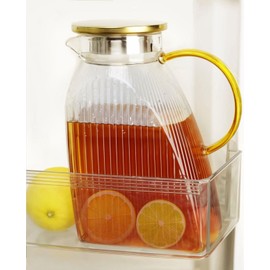 Water Pitcher Glass for Fridge, for 1.8L/63oz Fridge Door with Stainless Steel Lid, High Borosilicate Glass Carafe Pitcher for Hot or Cold Homemade Drinks