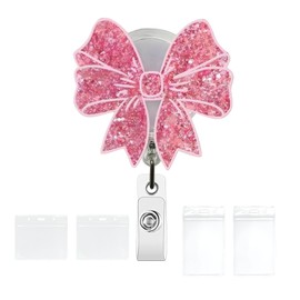 Pink Bow Badge Reel,Cute Sparkling Id Holders for Badges,Perfect for Nurses, Medical Staff,Teachers, Students,Retractable Crocodile Clip,The Best Gift for Women and Girls