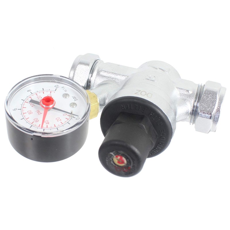 SPARES2GO Boiler Pressure Reducing Regulator Valve with Gauge for 22mm