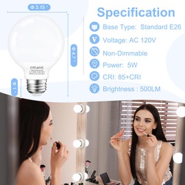 Cotanic 5000K Daylight LED Globe Light Bulbs, E26 Standard Base, 5W(60 Watt Equivalent Incandescent Replacement), 500LM, Non-Dimmable, 12 Pack Bathroom G25 Vanity Light Bulb