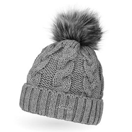 Neverless Ladies Knitted Fur Pom Pom Faux Fur Winter Hat Bobble Hat, Caren Light Grey