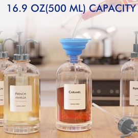 16.9 oz/500 ml Coffee Syrup Dispenser Set - 6 Glass Bottles with Silver Pumper and Syrup Labels - Precise Dispensing and Stylish Addition to Coffee Shop, Cafe or Home Bar