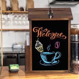 BORWART Wooden Suggestion Box Lock: Wall Mounted Mailbox Donation Box Tips Box Wood - Freestanding Ballot Comment Box with Chalkboard Surface for Restaurant Cafe Store (8.5 x 4.7 x 10.2 inches)