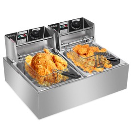 5000W Fast-Heating Commercial Deep Fryer With Basket | 25.4QT Double Tank Electric Fryer, Adjustable Temp 140-392°F, Countertop Oil Fryer for Restaurant & Home Use, Stainless Steel