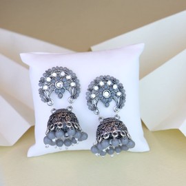 I Jewels Womens 18K Silver Oxidised Indain Wedding Bollywood Kundan & Stone Studded Jhumka Earrings (E3061Zgr) Grey