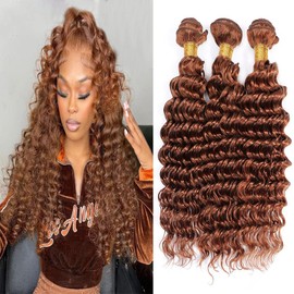 14 16 18 Inch Brown Deep Wave Human Hair Bundles Color 30 Bundles Unprocessed Wet & Wavy Weave Bundles for Women, Real Human Hair, 3 Bundles per Set