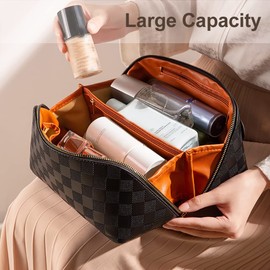 Portable Makeup Bag, Large Capacity Travel Cosmetic Bag, Multifunctional Travel Makeup Bag, Waterproof Leather Cosmetic Bag with Handle and Divider (Chessboard Brown)