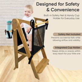 SK Designs Foldable Toddler Tower with Cup Holder - Kitchen Learning Stool Helper, Montessori Kids Standing Tower for Counter, Collapsible, Adjustable Baby Step Stool with Safety Net for Bathroom Sink