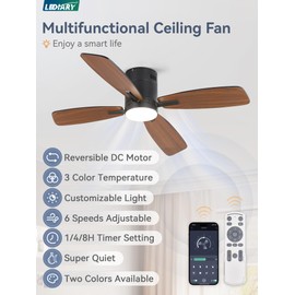 LEDIARY 52 inch Ceiling Fans with Lights and Remote Control,Flush Mount Ceiling Fan with Quiet Reversible DC Motor,Black Modern Low Profile Ceiling Fan with Light for Bedroom Living Room Patio