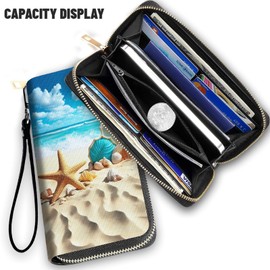 FGDRFGRW Wallet,Large Capacity RFID Blocking Leather Wallet, Durable Smooth Zipper Clutch,Unisex Travel Wallet for Cards,Cash,and Coins,Summer Beach