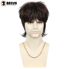 BECUS Short Brown Wigs for Men Mullet Wolf Men Hair Wig 70s Disco Punk Synthetic Wig for Daily Cosplay