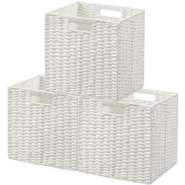 UBBCARE 3 Pack Wicker Basket, 11L×11H×10.5W inch Woven Paper Rope Storage Baskets for Shelves, Foldable Cube Storage bin with Handle, Storage Basket for Organizing & Decor, White