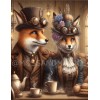 Steampunk Red foxes Female & Male, Drinking coffee, tea, vintage