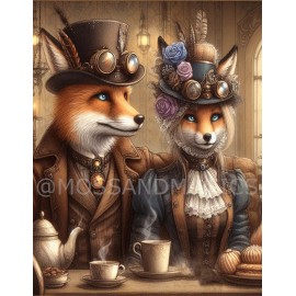 Steampunk Red foxes Female & Male, Drinking coffee, tea, vintage art painting