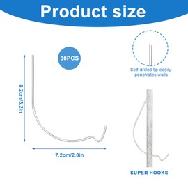 30pcs Super Hook Picture Hanger, Stainless Steel Monkey J Super Hooks Picture Hanger Hooks for Drywall Wood Plaster Walls, Gorilla Hanging Pictures Mirrors Artworks, for Home Office Decorations