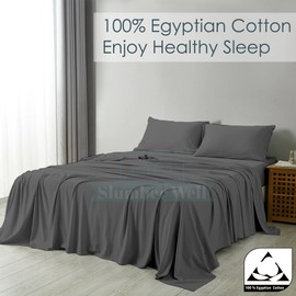 SlumberWell 4 Piece Sheet Set Twin Size, 100% Egyptian Cotton, 12 Inch Deep Pocket, Breathable Cooling & Super Soft Hotel Bed Sheets, Dark Grey Solid