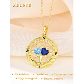 Compass Necklace for Her Anniversary Year Gifts Sterling Silver Compass Pendant 14k Gold Plated Aquamarine Sapphire Jewelry March September Birthstone I'd be Lost without You Jewelry Gifts