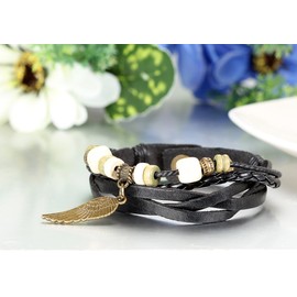 JewelryWe Mens Womens Bead Leather Bracelet, Angel Wing Braided Cuff Bangle, Black Silver