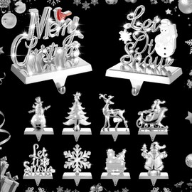 Tandefio 10 Pcs Christmas Stocking Holders for Mantle with 10 Pcs LED Light Christmas Stocking Hangers Santa Snowman Snowflake Reindeer Stocking Hooks for Xmas Fireplace Decorations (Silver, White)