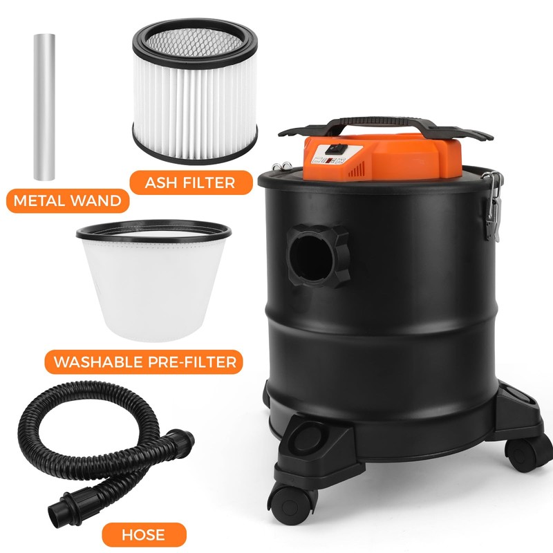 LIGO Ash Vacuum 1000W 15L,Double Filtration, with 3 Swivel Casters,Blowing