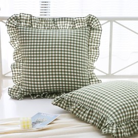 Mywinlle Sage Green Plaid Ruffle Throw Pillow Covers for Couch 20"x20",2 Pack Vintage Checkered Washed Cotton Pillow Cases for Bed, Sofa, Living Room