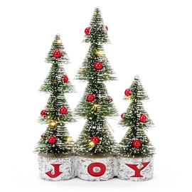Napco Joy - LED Light-Up Bottle Brush Trees - 13 x 9.25 Inch Red and Green Resin Christmas Holiday Figurine