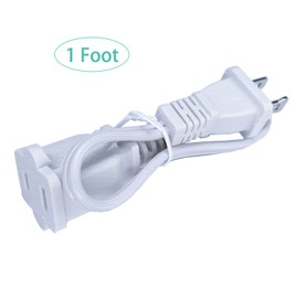 Short Extension Cord 1 Ft, White 2 Prong, 18 AWG Small Polarized Male-Female Power Cable for Indoor, NEMA 5-15P to NEMA 5-15R, 2 Pack