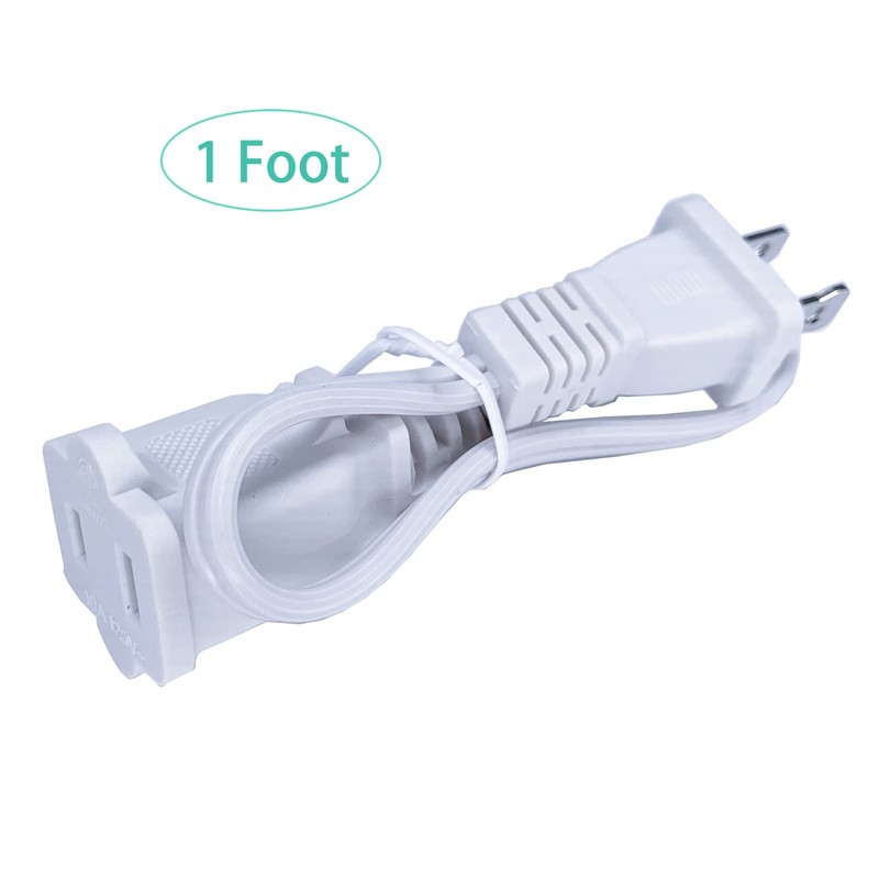 Short Extension Cord 1 Ft, White 2 Prong, 18 AWG