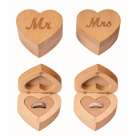 Strova Heart Shaped Wooden Ring Box for Wedding Rings – Set of 2 with Engraved Mr. & Mrs. Lettering – Ring Bearer Box for Display or Personal Organizer – Protective Ring Cushions and Magnetic Closure