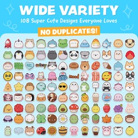 Cute Stickers for Kids - Kawaii Stickers for Kids Classroom, Water Bottle & Teacher Rewards - 108pc Easy Peel Bulk Pack for Teens - Waterproof Vinyl Decals for Scrapbooking, Journalling, Notebook